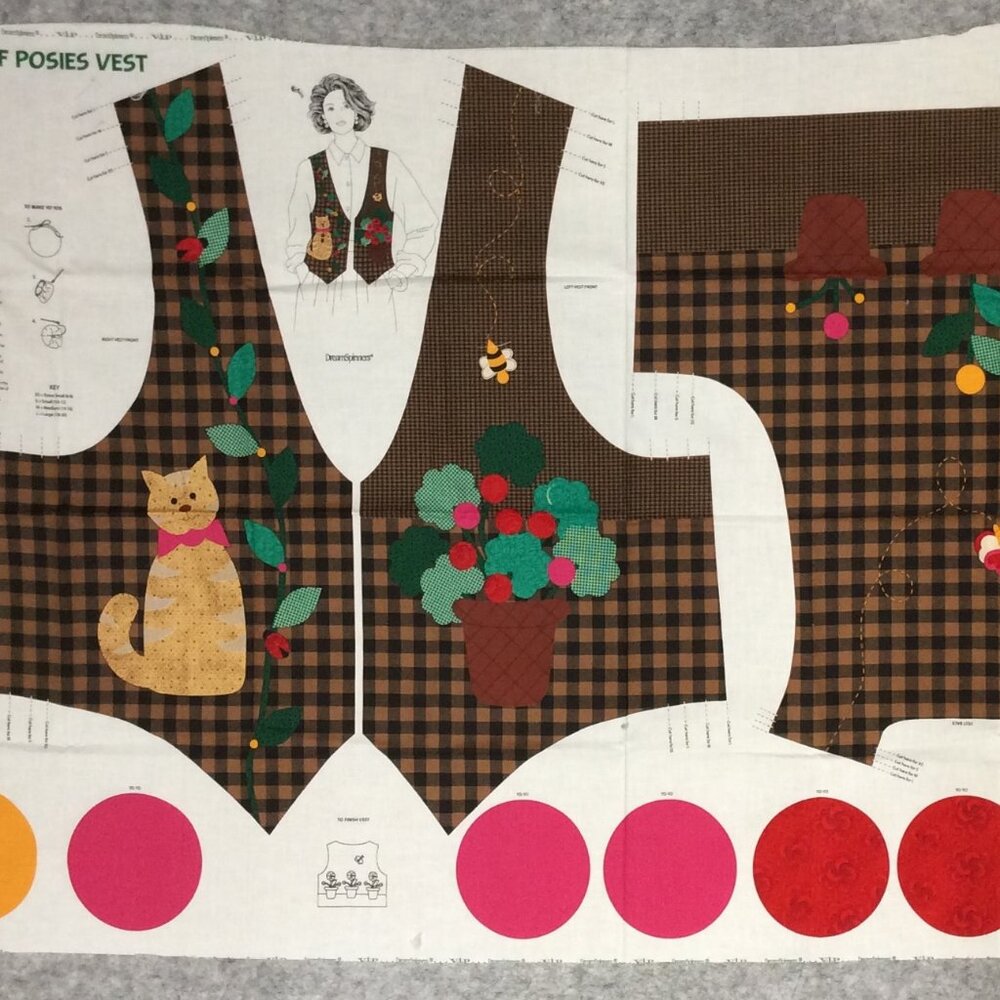 VIP Cat Lovers Vest Fabric Panel "Pot Full of Posies" Cut and Sew Sizes 6-20